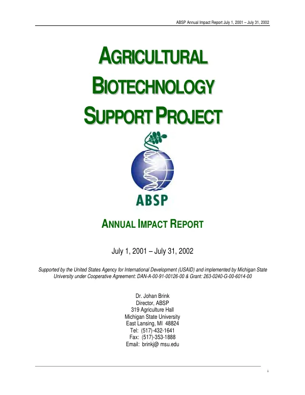 Agricultural biotechnology support project, ABSP : annual impact report -- July 1, 2001-July 31, 2002