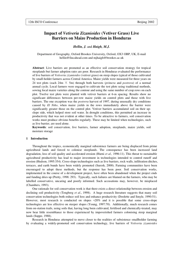 Impact of Vetiveria zizanioides (vetiver grass) live barriers on maize production in Honduras
