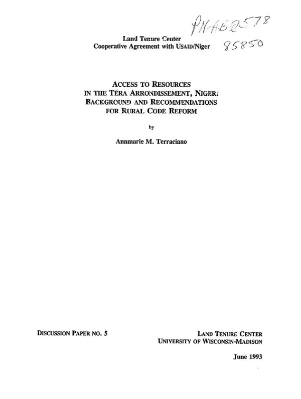 Access to resources in the Tera arrondissement, Niger : background and recommendations for rural code reform