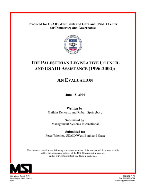 The Palestinian Legislative Council and USAID assistance (1996-2004) : an evaluation