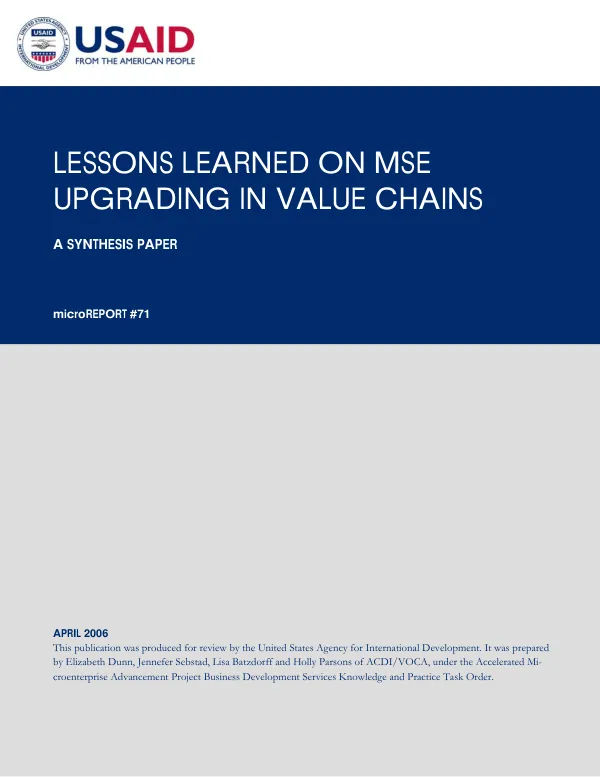 Lessons learned on MSE upgrading in value chains : a synthesis paper