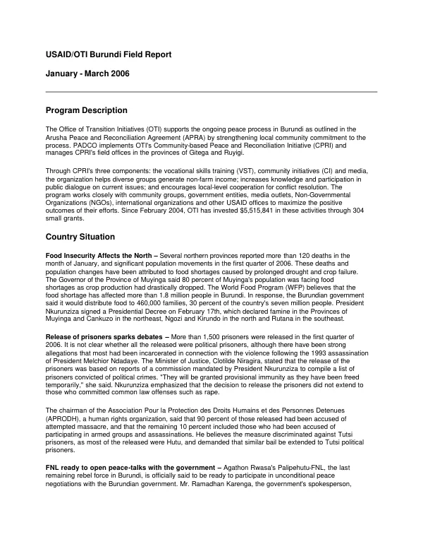USAID/OTI Burundi field report, January-March 2006