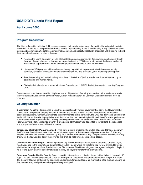 USAID/OTI Liberia field report, January-March 2006