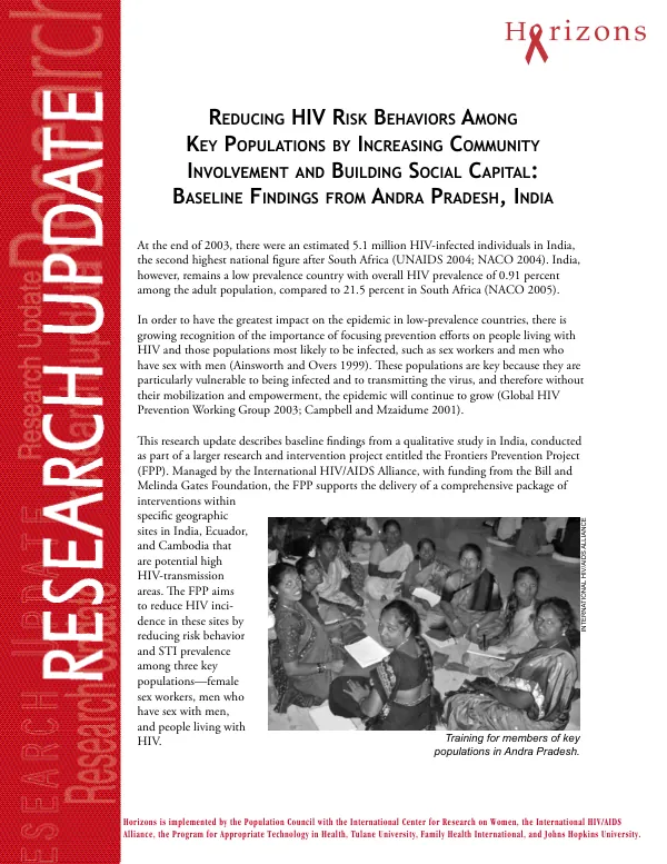 Reducing HIV risk behaviors among key populations by increasing community involvement and building social capital : baseline findings from Andra Pradesh, India