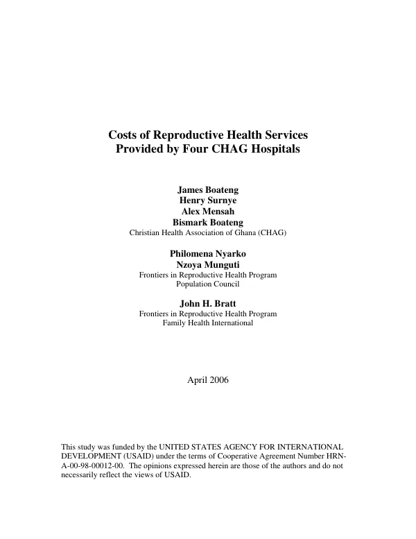 Costs of reproductive health services provided by four CHAG hospitals