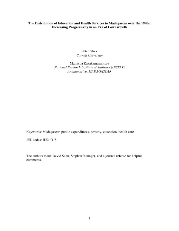 Distribution of education and health services in Madagascar over the 1990s : increasing progressivity in an era of low growth