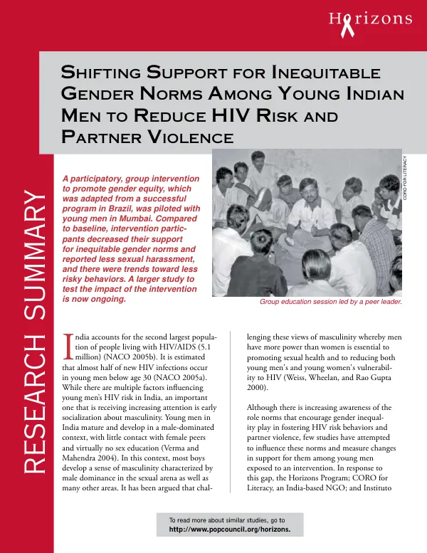 Shifting support for inequitable gender norms among young Indian men to reduce HIV risk and partner violence