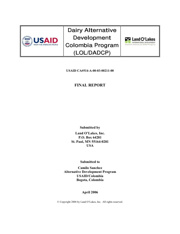 Dairy alternative development Colombia program (LOL/DADCP) : final report