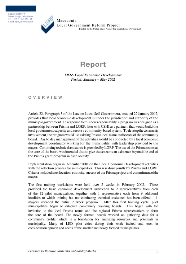 [Mid-term evaluation] report, MM-5 local economic development : period, January-May 2002