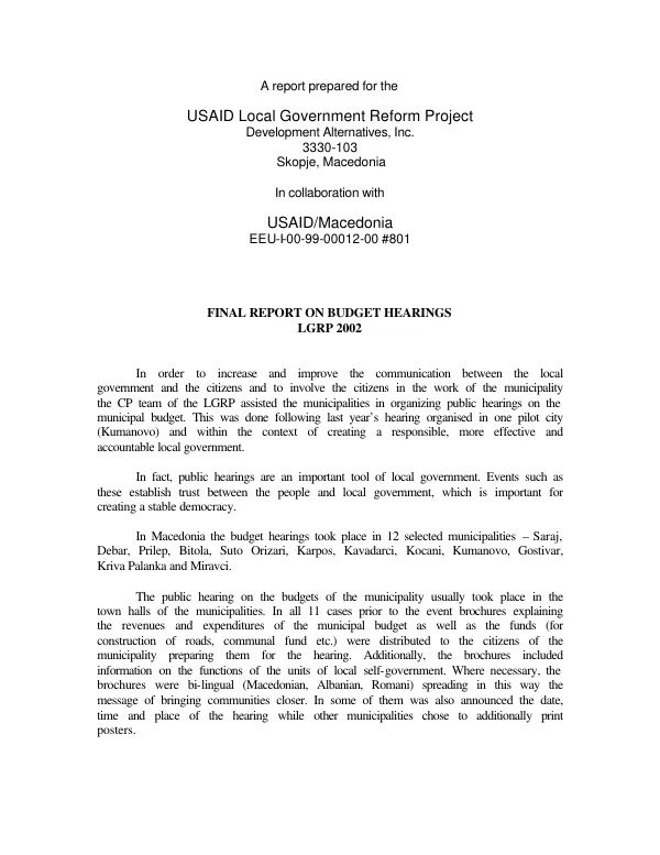 Final report on budget hearings : LGRP [local government reform project]