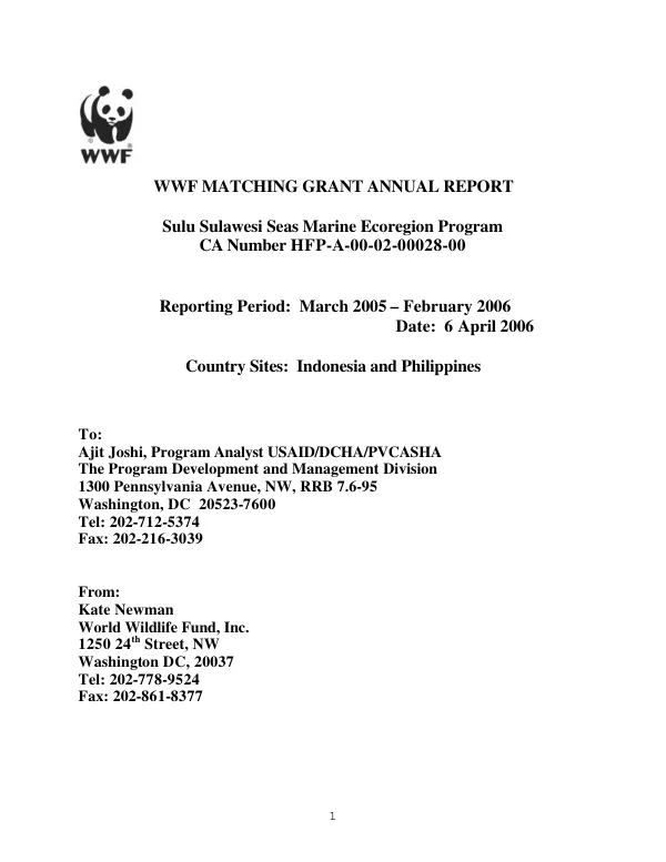 WWF matching grant annual report : Sulu Sulawesi Seas marine ecoregion program -- CA number HFP-A-00-02-00028-00 : reporting period, March 2005-February 2006 -- country sites, Indonesia and Philippines