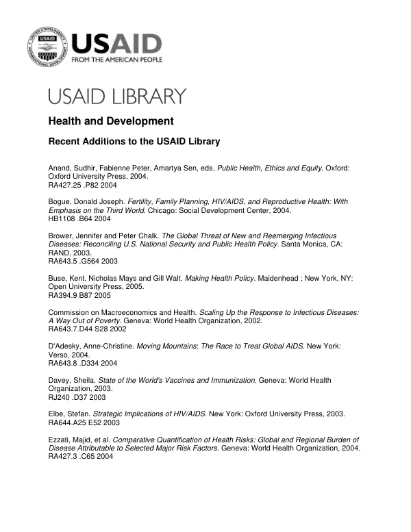 Health and development : recent additions to the USAID Library