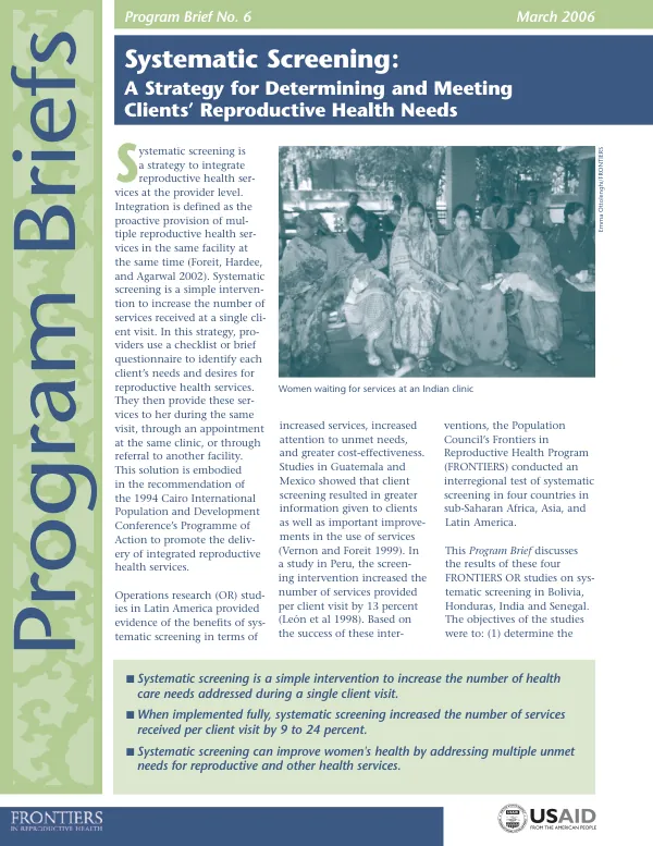 Systematic screening : a strategy for determining and meeting clients" reproductive health needs