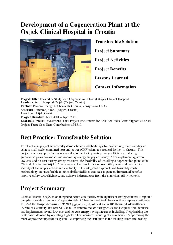 Development of a cogeneration plant at the Osijek Clinical Hospital in Croatia