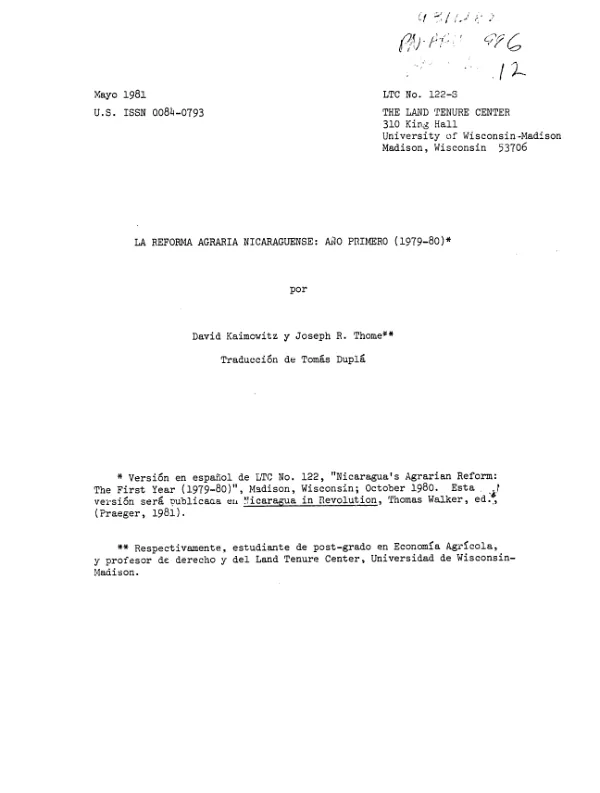 Reforma agraria Nicaraguense : ano primero (1979-80)