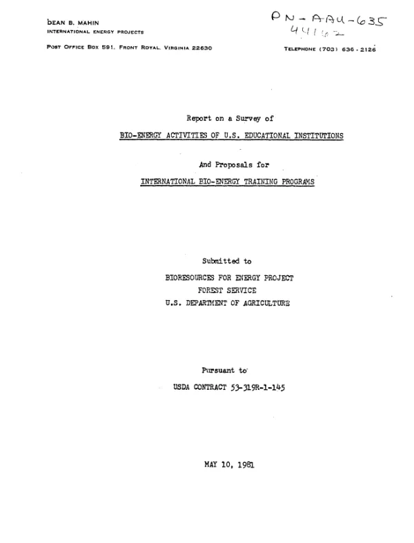 Report on a survey of bio-energy activities of US educational institutions and proposals for international bio-energy training programs