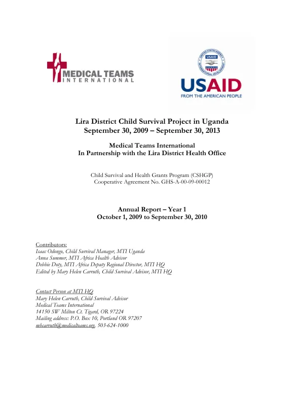 Lira District child survival project in Uganda : annual report year 1, October 1, 2009 to September 30, 2010