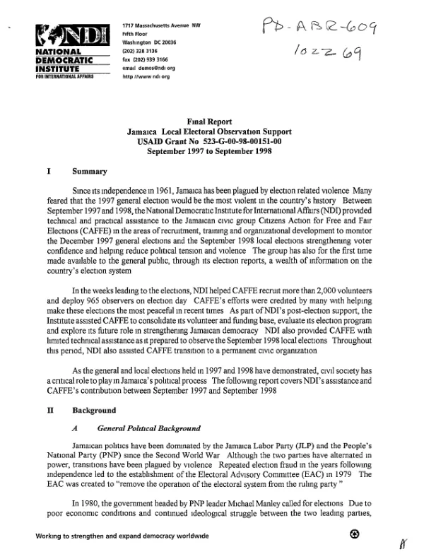 Final report : Jamaica -- local electoral observation support : USAID grant no. 523-G-00-98-00151-00 [i.e. 532-G-00-98-00151-00] -- September 1997 to September 1998