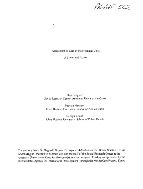 Assessment of care in the neonatal units of Luxor and Aswan[, Egypt]