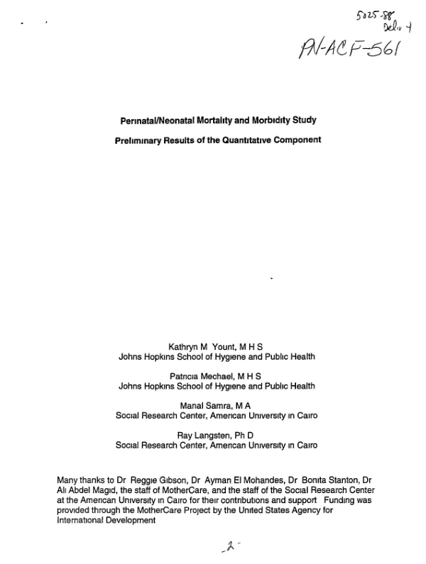 Perinatal/neonatal mortality and morbidity study : preliminary results of the quantitative component