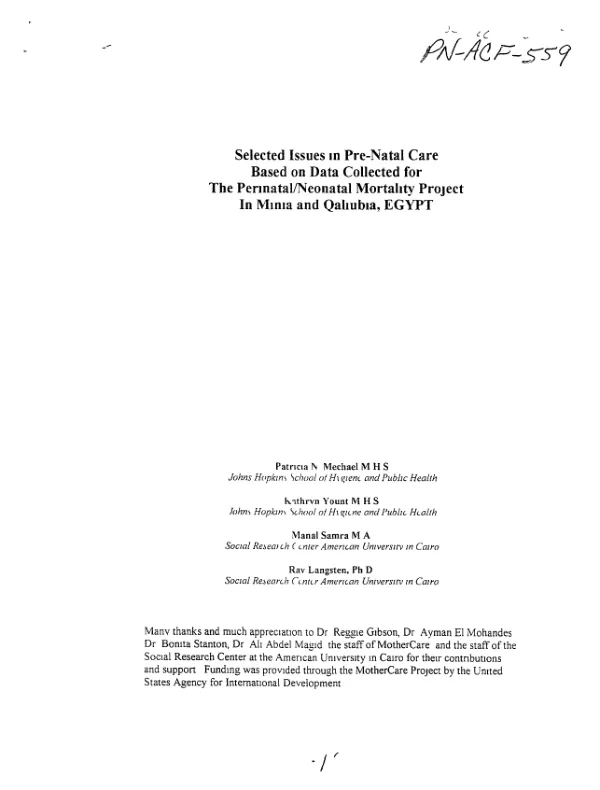 Selected issues in pre-natal care based on data collected for the perinatal/neonatal mortality project in Minia and Qaliubia, Egypt