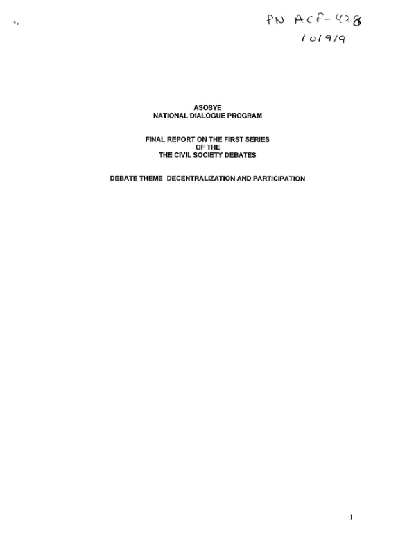 ASOSYE [project to support a Haitian civil society] national dialogue program : final report on the first series of the civil society debates -- debate theme : decentralization and participation
