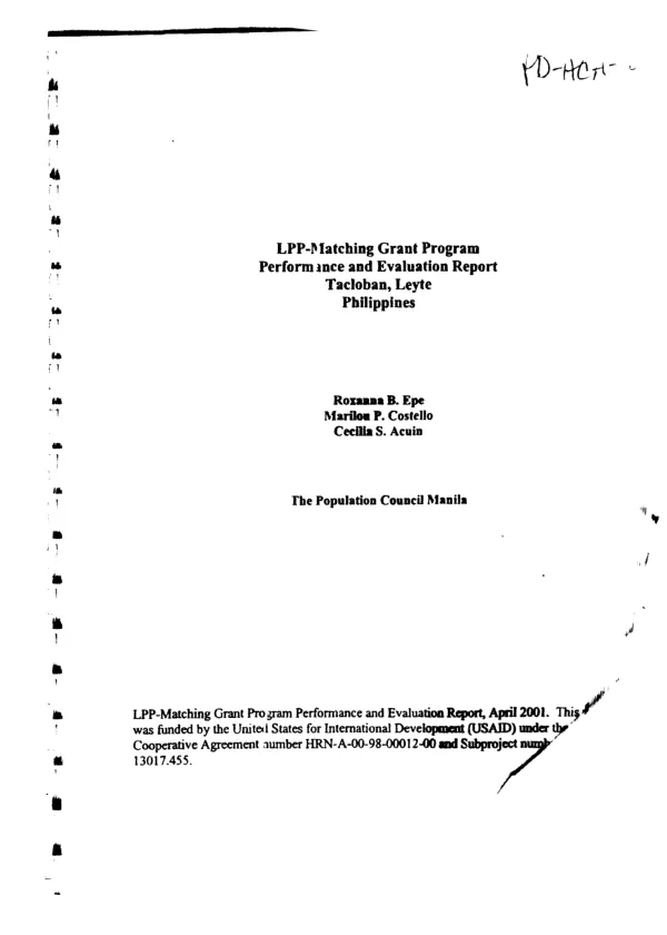 LPP [Philippine local government unit performance program]-matching grant program [MGP] performance and evaluation report : Tacloban, Leyte, Philippines