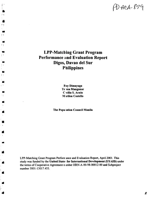 LPP [Philippine local government unit performance program]-matching grant program [MGP] performance and evaluation report : Digos, Savao sel Sur Philippines