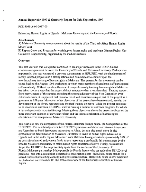 Annual report for 1997 and quarterly report for July-September 1997 : PCE-5063-A-00-2037-00 -- enhancing human rights in Uganda : Makerere University and the University of Florida