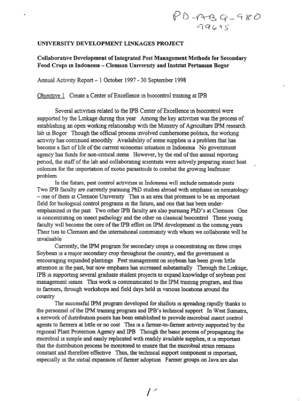 University development linkages project : collaborative development of integrated pest management methods for secondary food crops in Indonesia -- Clemson University and Institut Pertanian Bogor : annual activity report -- 1 October 1997-30 September 1998