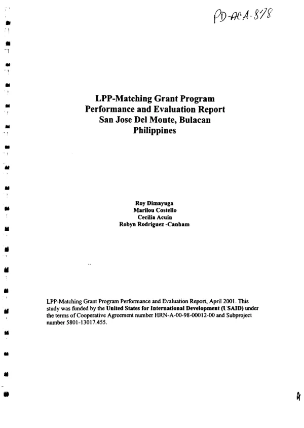 LPP [Philippine local government unit performance program]-matching grant program [MGP] performance and evaluation report : San Jose Del Monte, Bulacan, Philippines