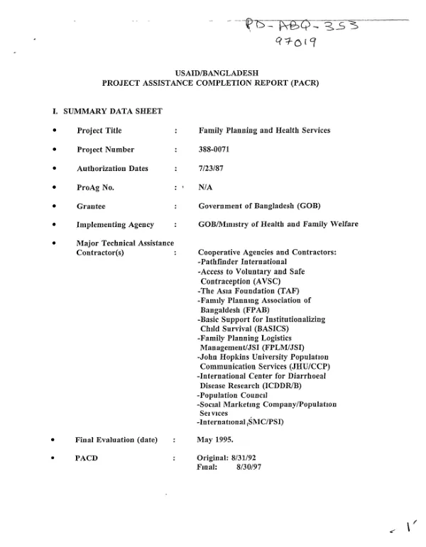USAID/Bangladesh : project assistance completion report (PACR) -- family planning and health services
