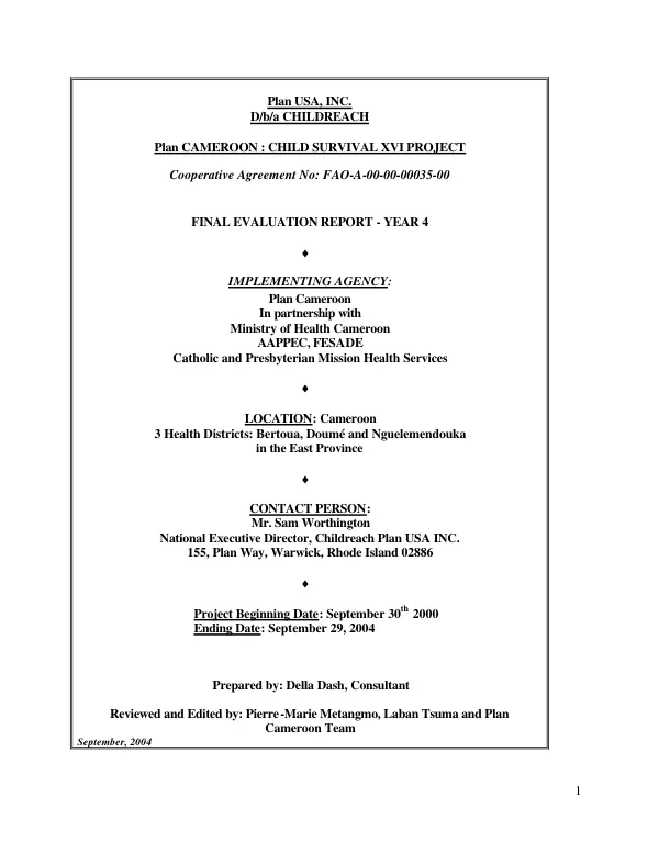Plan Cameroon : child survival XVI project -- cooperative agreement no. FAO-A-00-00-00035-00 : final evaluation report, year 4