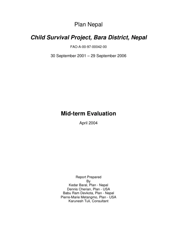 Plan Nepal : child survival project, Bara District, Nepal -- FAO-A-00-97-00042-00 : mid-term evaluation