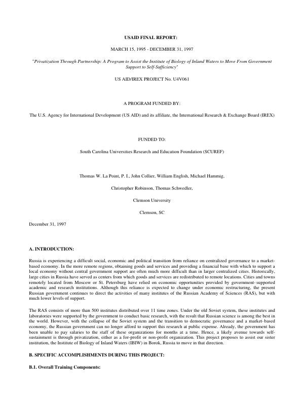 USAID final report : March 15, 1995-December 31, 1997 -- "privatization through partnership : a program to assist the Institute of Biology of Inland Waters to move from government support to self-sufficiency"