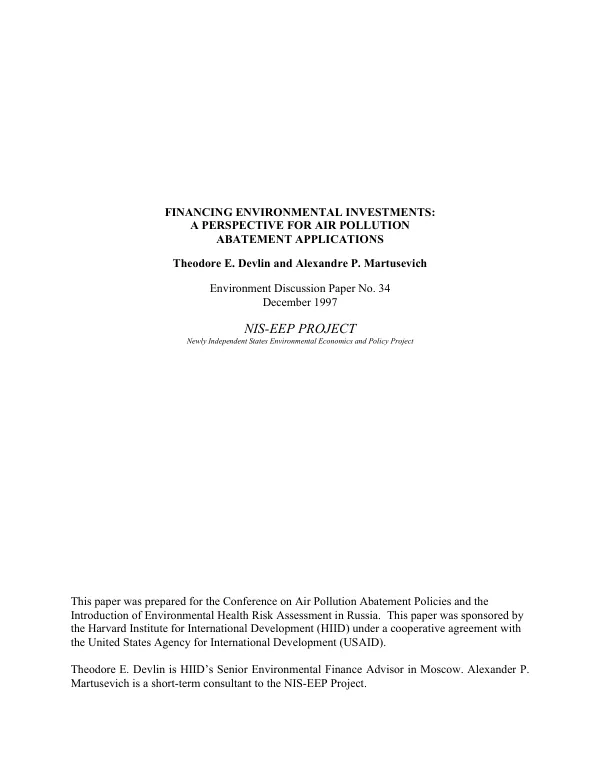 Financing environmental investments : a perspective for air pollution abatement applications
