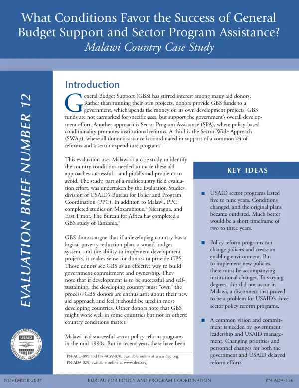 What conditions favor the success of general budget support and sector program assistance? : Malawi country case study