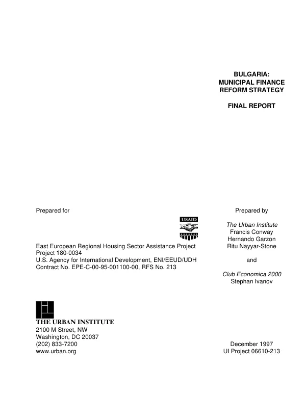 Bulgaria : municipal finance reform strategy -- final report