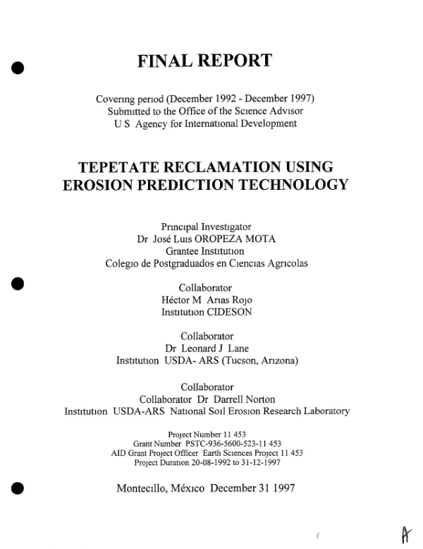 Final report : tepetate reclamation using erosion prediction technology