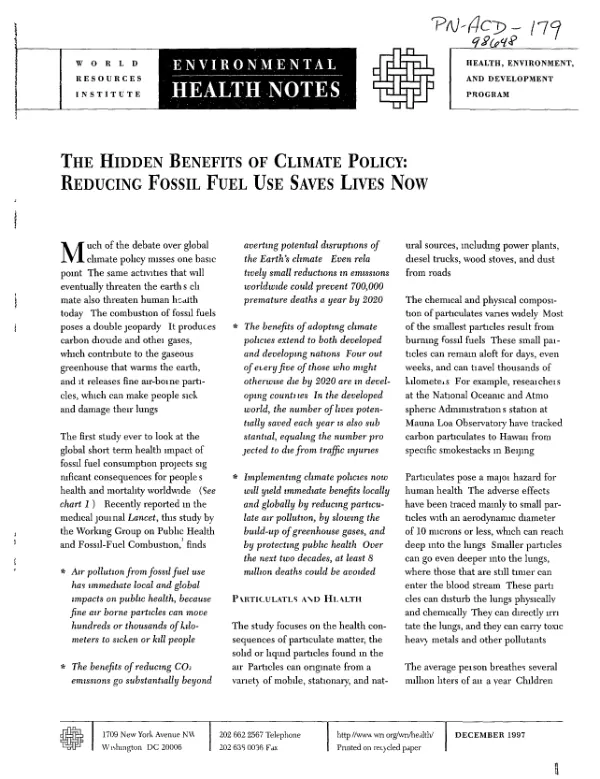 Hidden benefits of climate policy : reducing fossil fuel use saves lives now