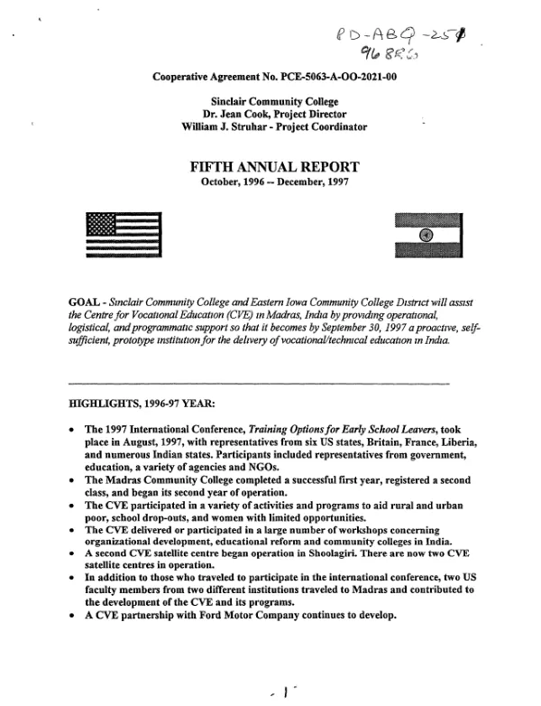 Cooperative agreement no. PCE-5063-A-00-2021-00 : Sinclair Community College -- fifth annual report : October, 1996-December, 1997