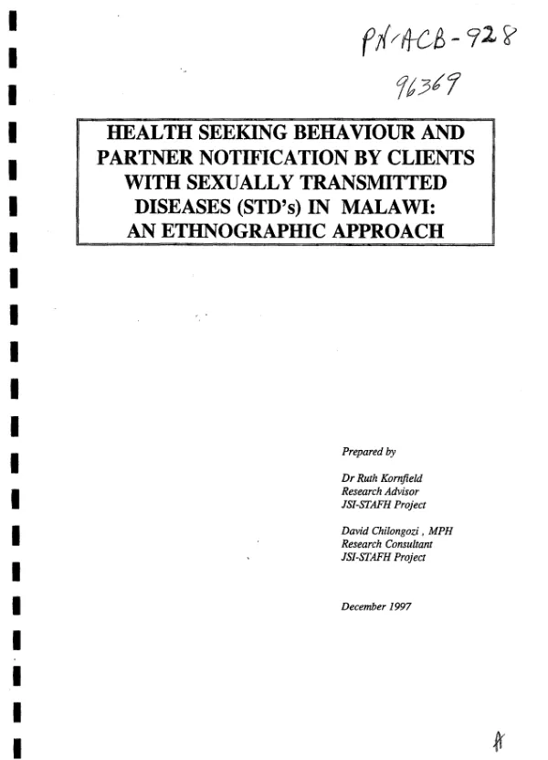 Health seeking behaviour and partner notification by clients with sexually transmitted diseases (STD"s) in Malawi : an ethnographic approach