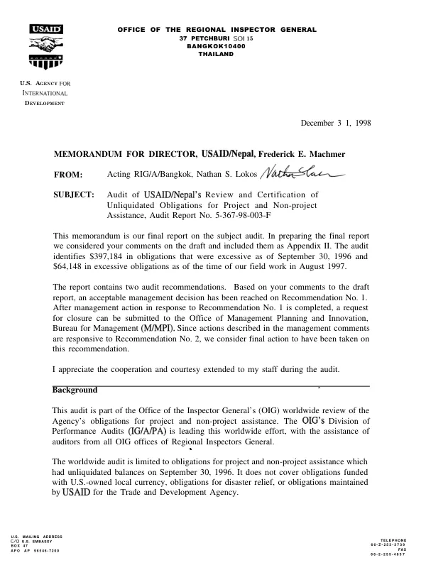 Audit of USAID/Nepal"s review and certification of unliquidated obligations for project and non-project assistance