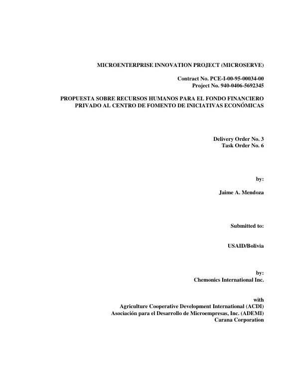Propuesta sobre recursos humanos para el Fondo Financiero Privado al Centro de Fomento de Iniciativas Economicas