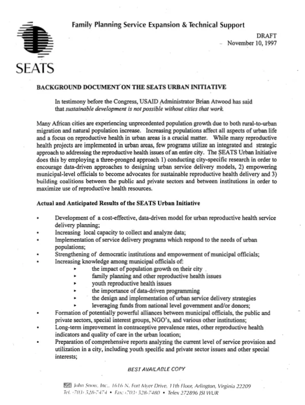 Background document on the SEATS urban initiative