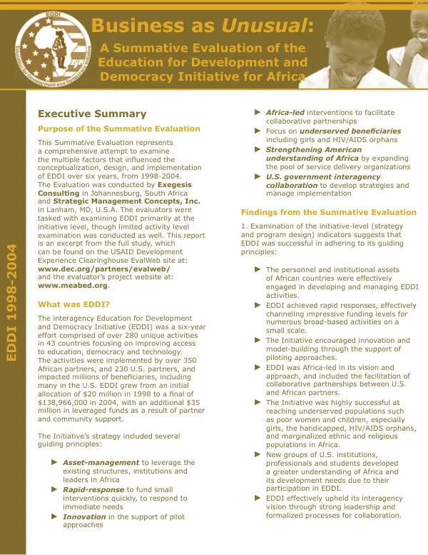 Business as unusual : a summative evaluation of the education for development and democracy initiative for Africa [EDDI]
