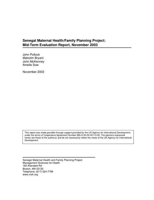 Senegal maternal health/family planning project [MHFP] : mid-term evaluation report, November 2003