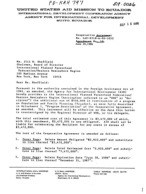 Cooperative agreement no. LAC-0518-A-00-1055 to International Planned Parenthood Federation Western Hemisphere Region : amendment no. 10
