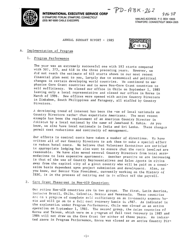 International Executive Service Corps : annual summary report, 1985