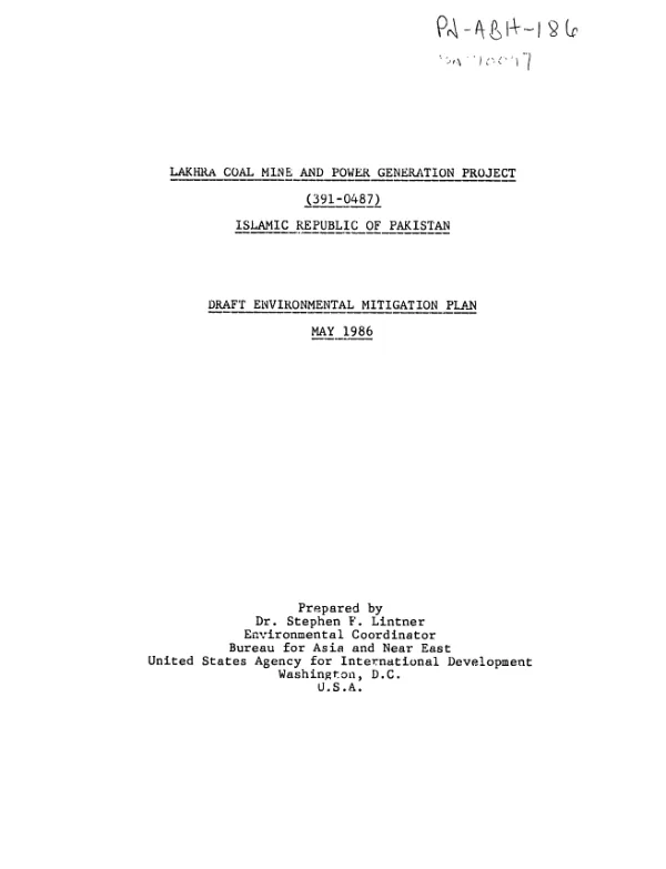 Lakhra coal mine and power generation project (391-0487), Islamic Republic of Pakistan : draft environmental mitigation plan